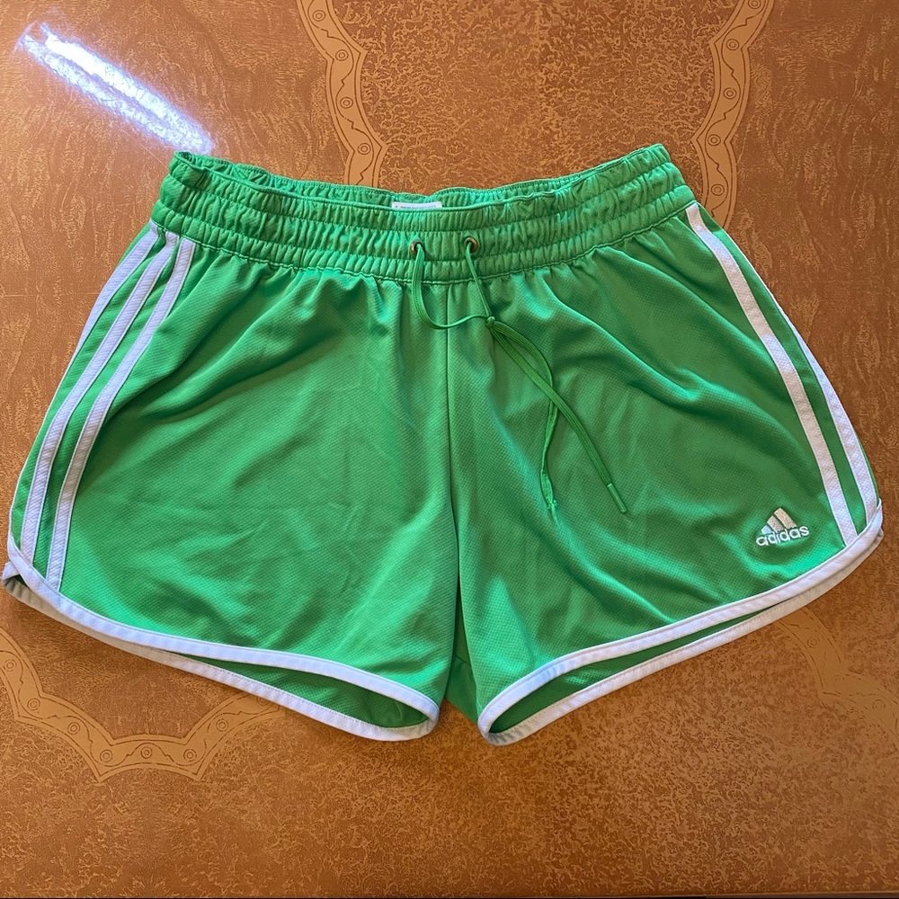 ADIDAS LIME GREEN WHITE STRIPE DRAWSTRING WAIST ATHLETIC SHORTS SIZE LARGE